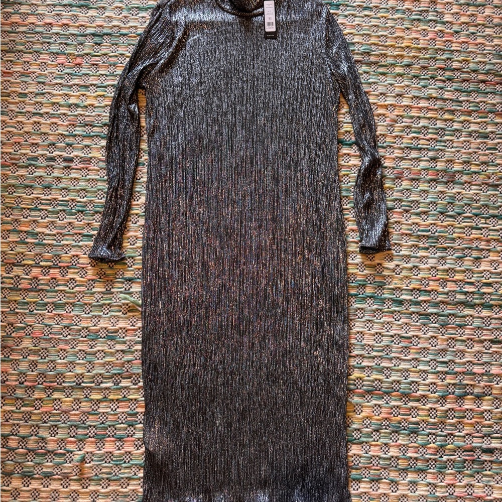 BCBG Metallic Silver Long-Sleeve Midi Dress